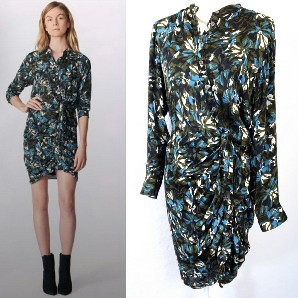 Veronica Beard Georgina Button Front Silk Dress Green Knee Length 8 Pattern
